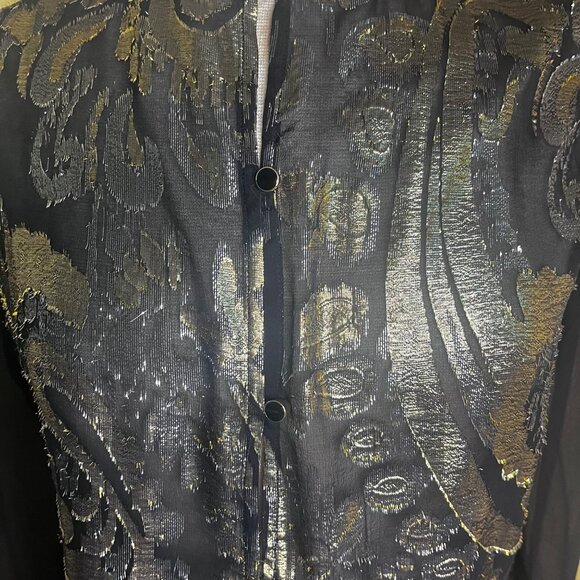 NEW Ella Moss Black Metallic Gold Top Sheer Long Sleeves Peplum Hem Medium NWT - Picture 9 of 11